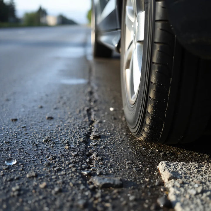 Neumático de coche sobre asfalto mojado con gotas y dibujo de la banda de rodadura visible
