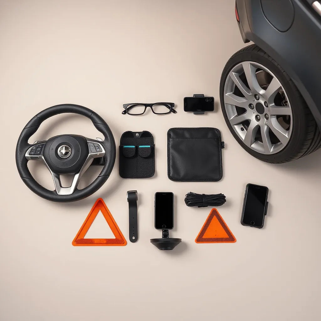 Accesorios de auto para seguridad y organización junto a un panel del coche y una llanta