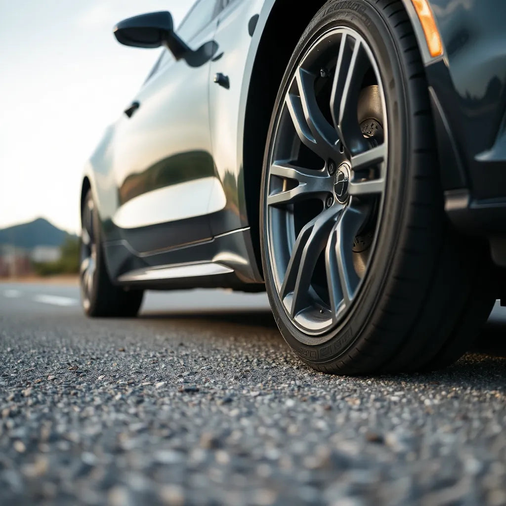 Rueda delantera de un coche deportivo con neumático de alto rendimiento en asfalto seco
